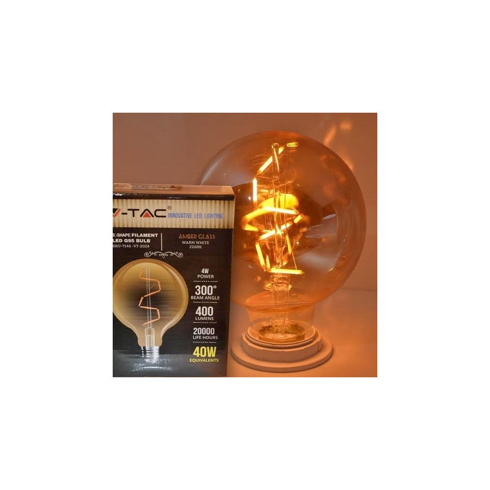 V-Tac 4W LED globepære - Kultråd, Ø9,5 cm, ekstra varm hvid, 2200K, E27 (Erstatter 35W)