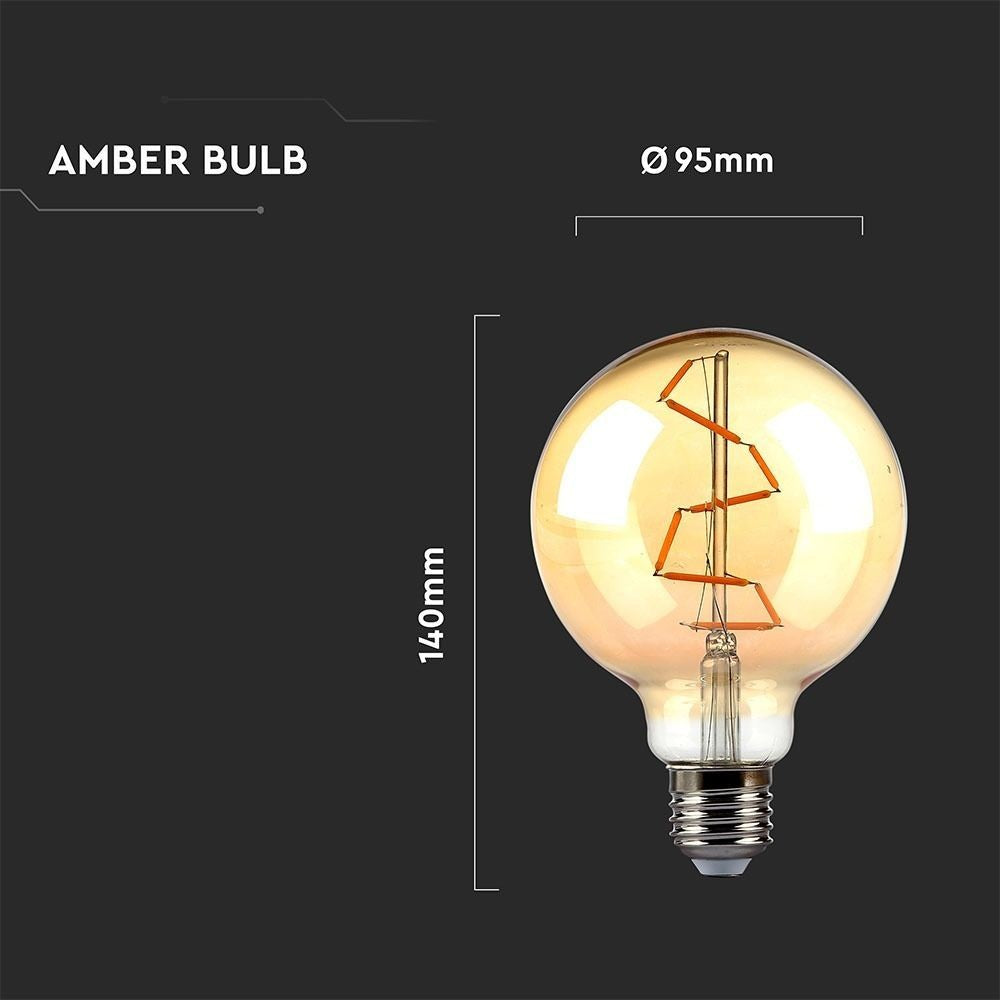 V-Tac 4W LED globepære - Kultråd, Ø9,5 cm, ekstra varm hvid, 2200K, E27 (Erstatter 35W)