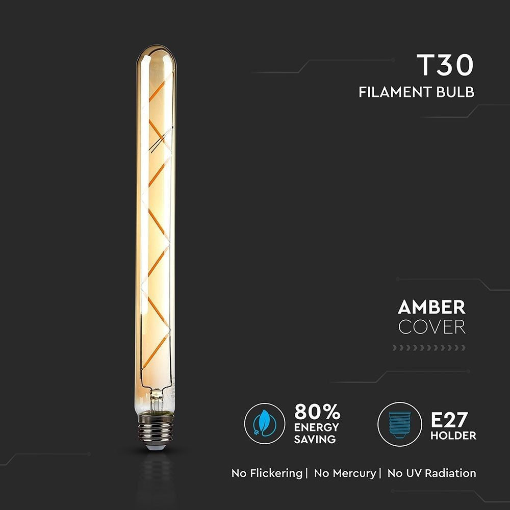V-Tac 7W LED pære - Kultråd, T30, ekstra varm hvid, 2200K, E27 (Erstatter 60W, 230V, 700lm, RA80)