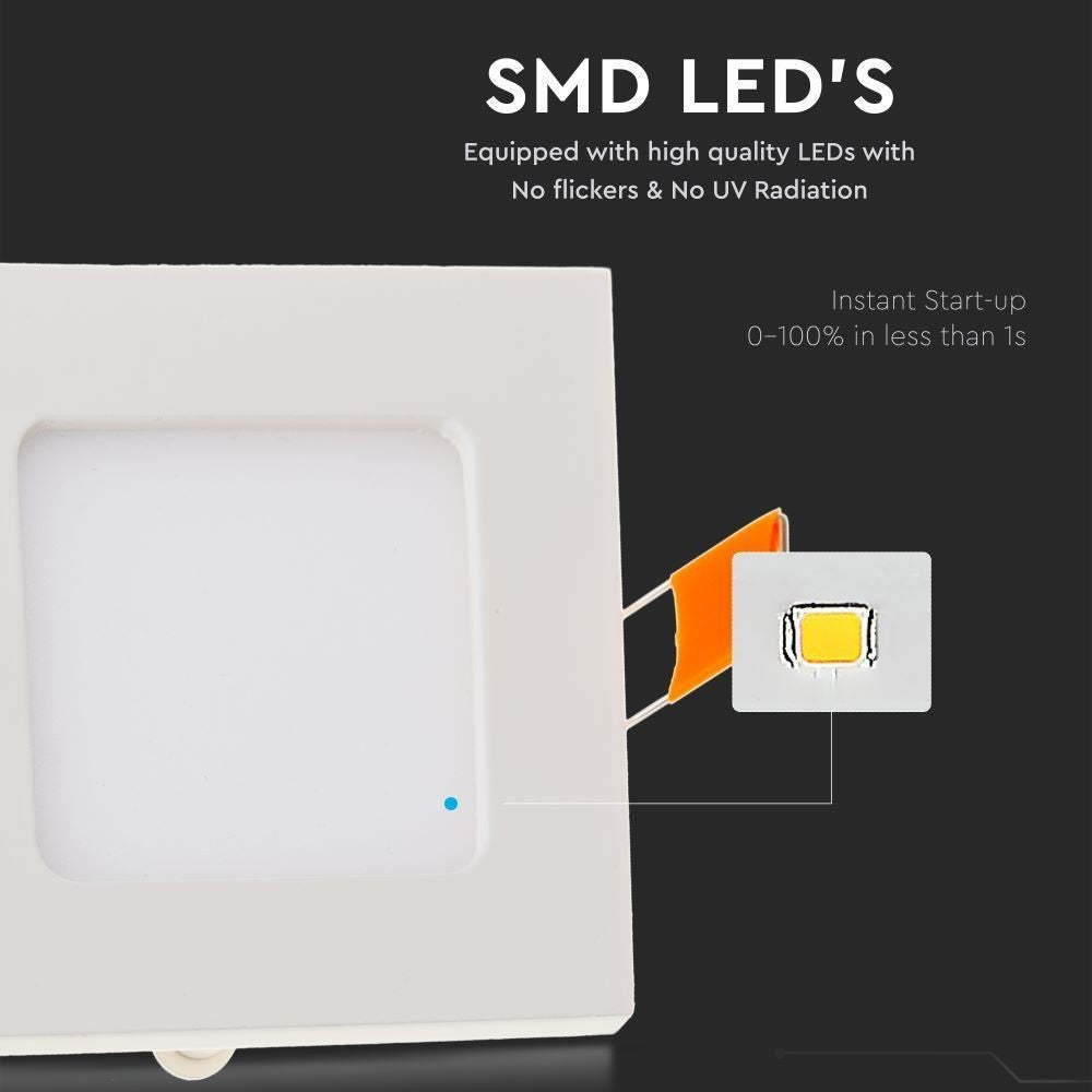 V-Tac 3W LED indbygningspanel - Erstatter 25W - Hul: 7,3 x 7,3 cm - Mål: 8,4 x 8,4 cm - 230V