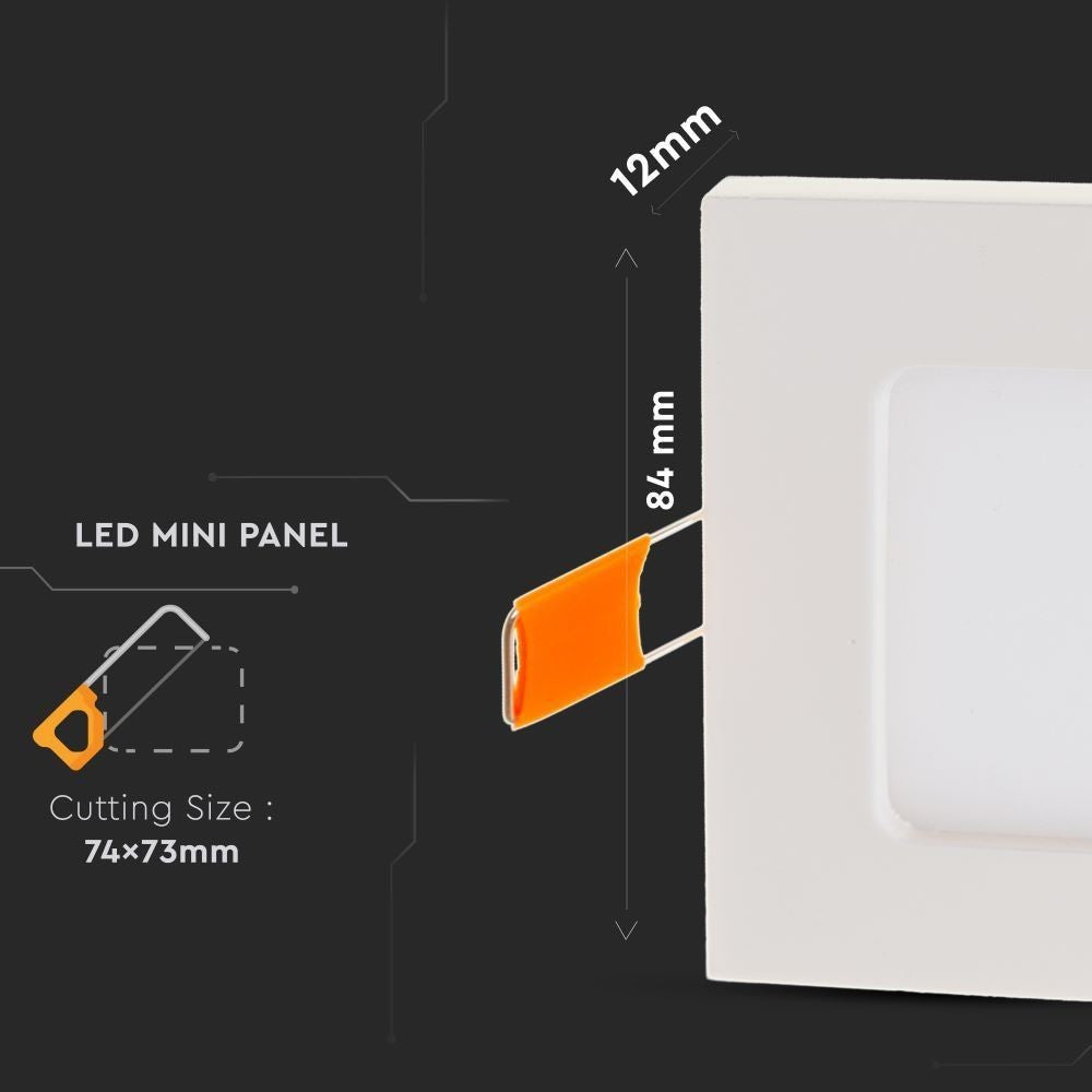 V-Tac 3W LED indbygningspanel - Erstatter 25W - Hul: 7,3 x 7,3 cm - Mål: 8,4 x 8,4 cm - 230V