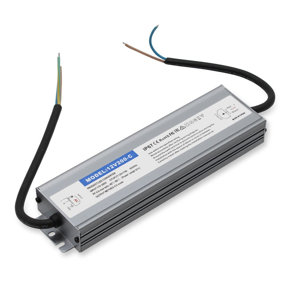 Vandtæt 200W strømforsyning - 12V DC, 16,6A, IP67