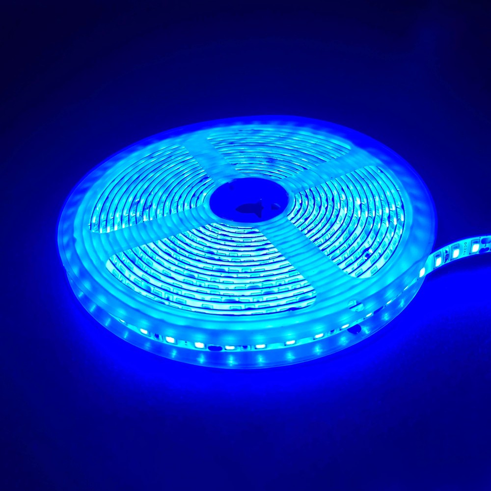 Blå 10W/m LED strip - 5m, 120 LED pr. meter, 24V, IP65, Vandtæt LED belysning til indendørs og udendørs brug, 5 meter lang med høj lysstyrke og lavt strømforbrug