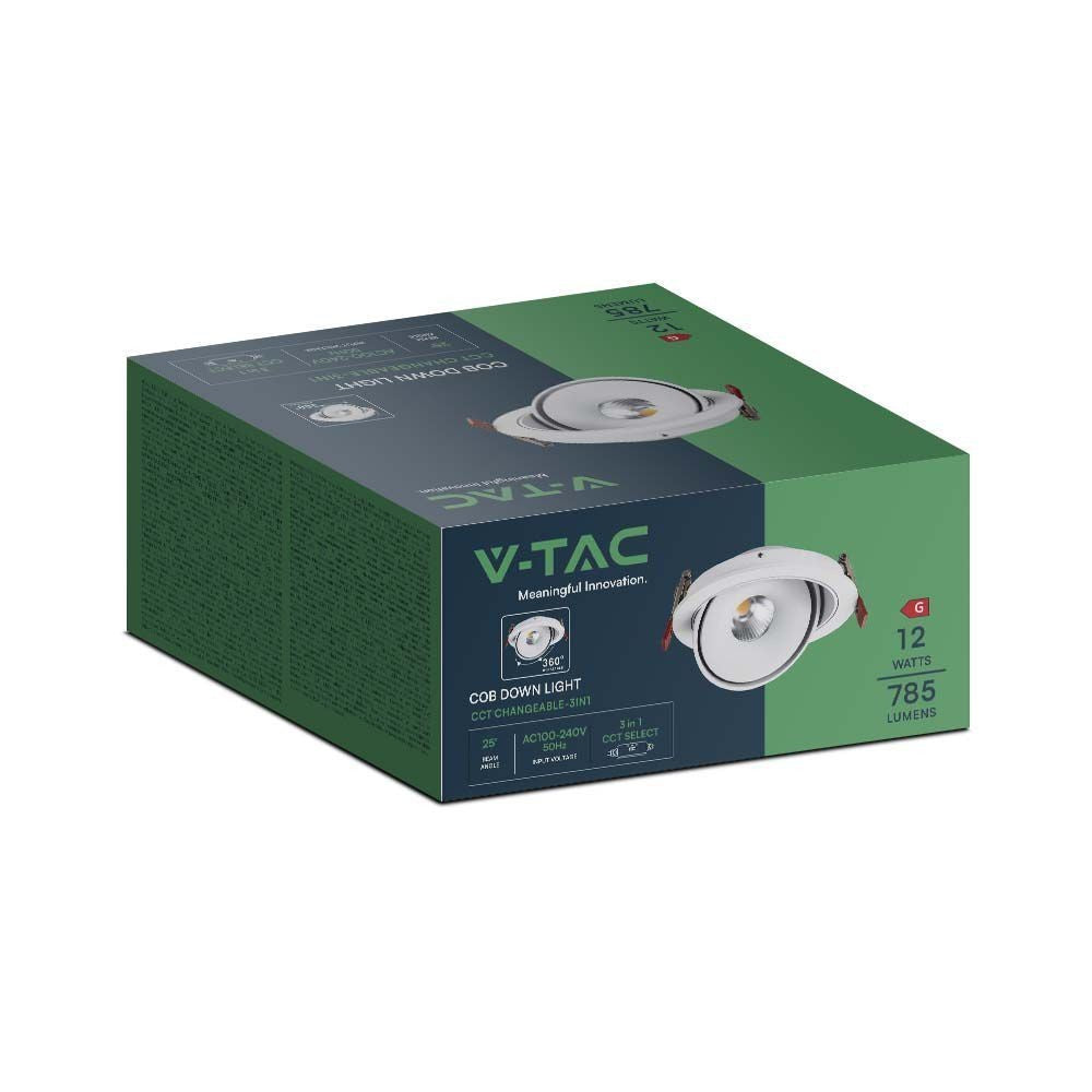 V-Tac 12W Indbygningsspot - Ø10,5 cm Hul, Ø12 cm Mål, 3i1 Design, Hvid Kant, 785lm, RA90 - 230V