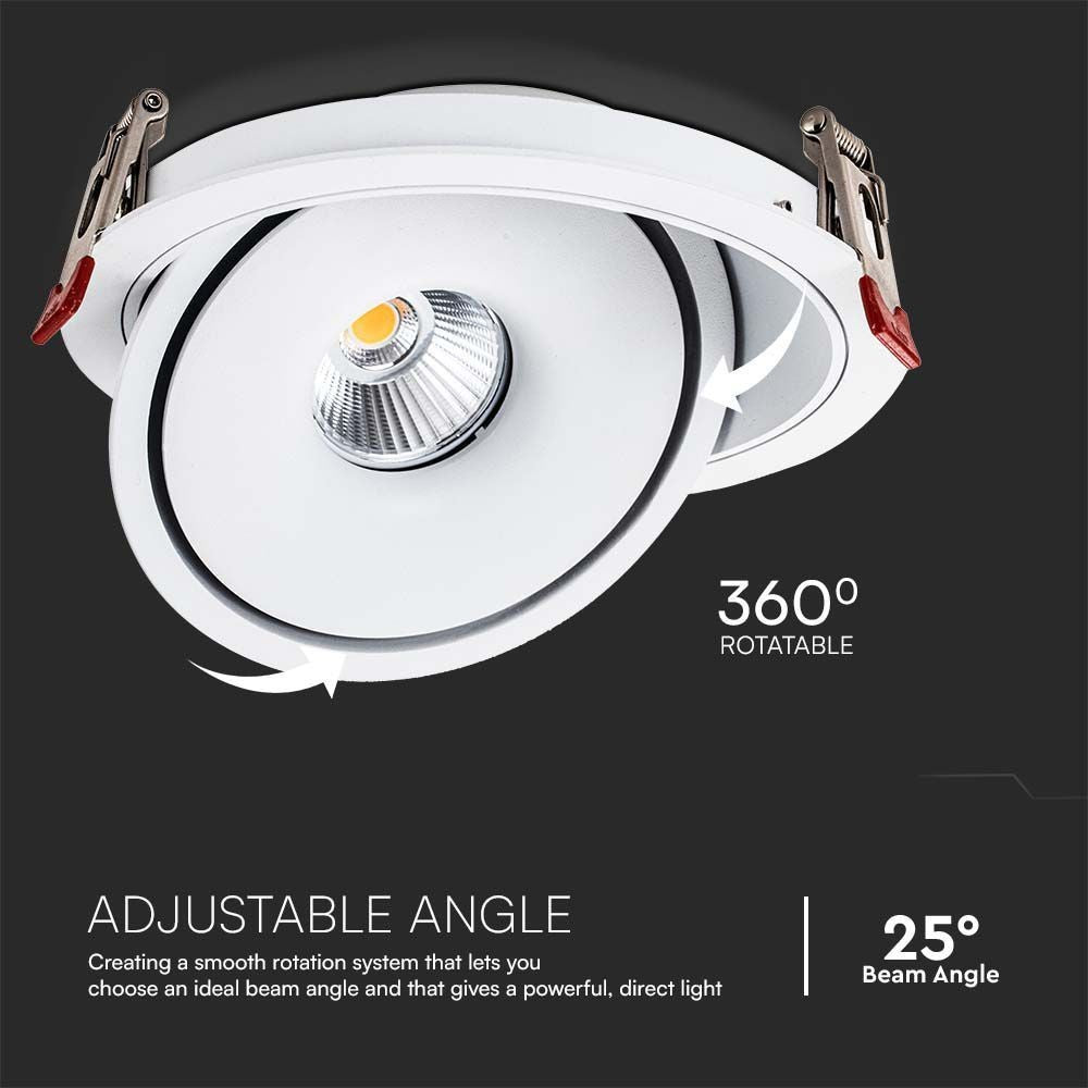 V-Tac 12W Indbygningsspot - Ø10,5 cm Hul, Ø12 cm Mål, 3i1 Design, Hvid Kant, 785lm, RA90 - 230V