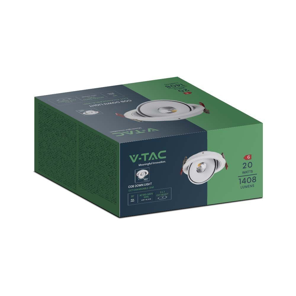 V-Tac 20W indbygningsspot - Ø15 cm hul, Ø16,5 cm mål, 3i1, RA90, hvid kant, 230V