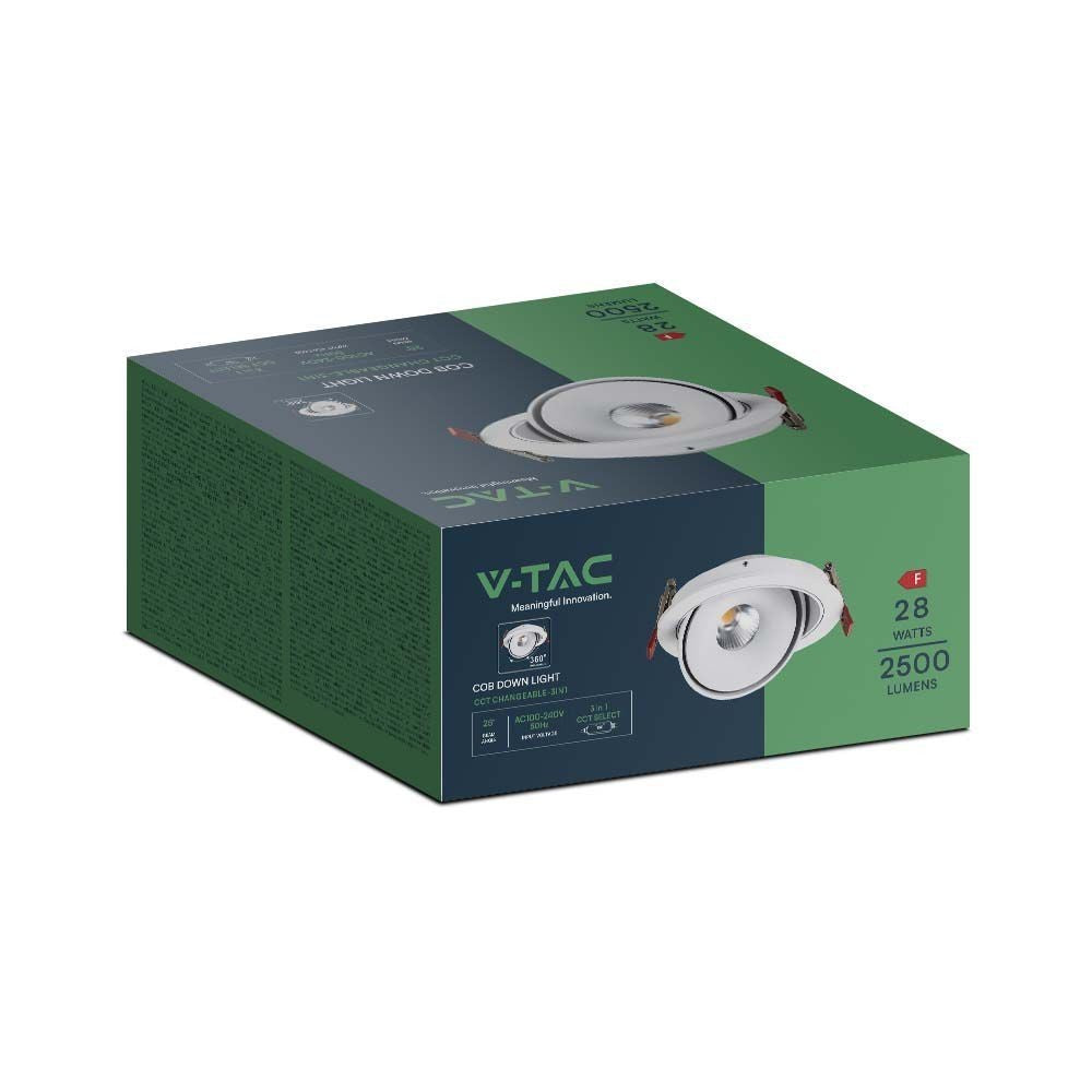 V-Tac 30W Indbygningsspot - Hul: Ø18 cm, Mål: Ø20 cm, 3i1, RA90, Hvid Kant, 230V, 2500lm