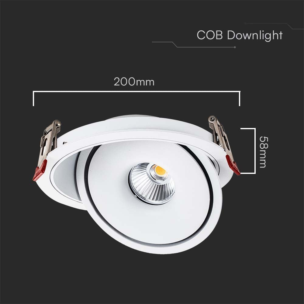 V-Tac 30W Indbygningsspot - Hul: Ø18 cm, Mål: Ø20 cm, 3i1, RA90, Hvid Kant, 230V, 2500lm