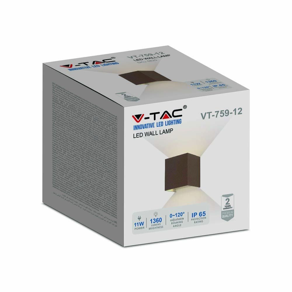 V-Tac 11W LED corten væglampe - Firkantet, justerbar spredning, IP65 udendørs, inkl. lyskilde