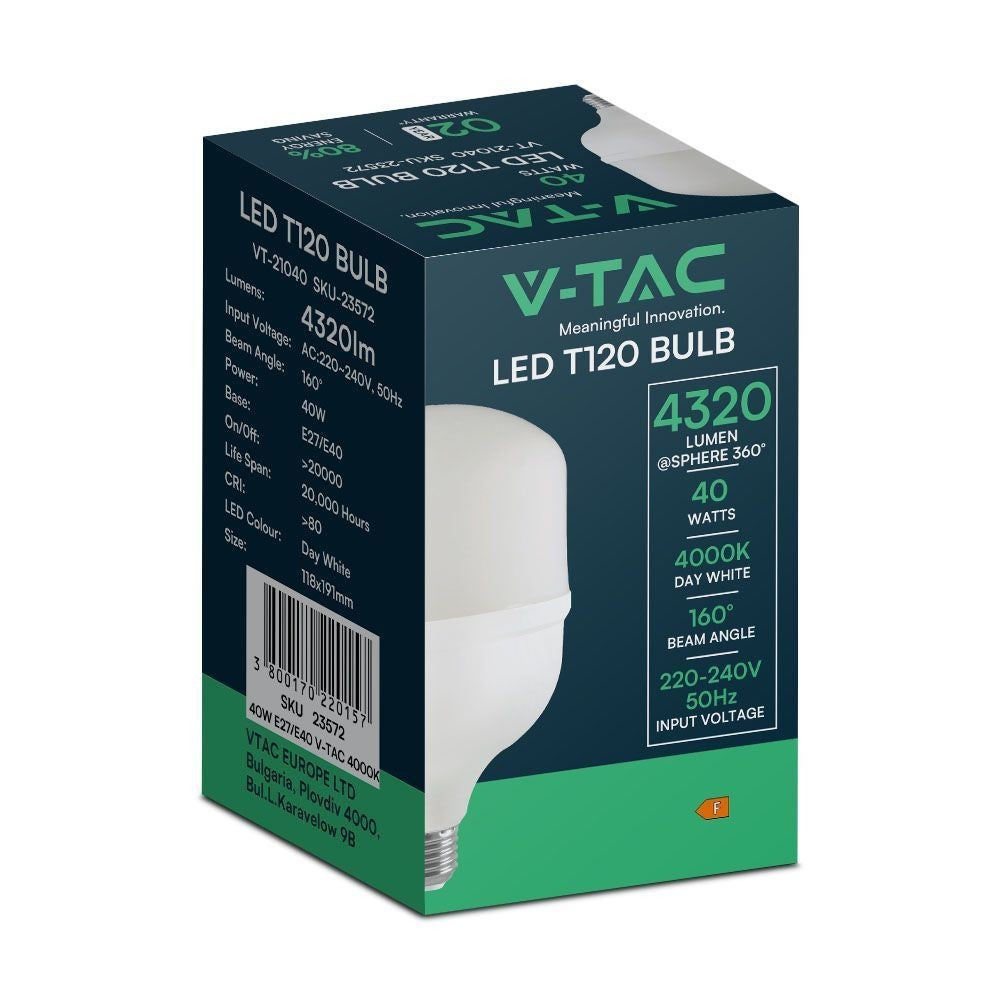 V-Tac 40W LED pære - T120, E27 med E40 ringadapter - 230V, 4320lm, RA80