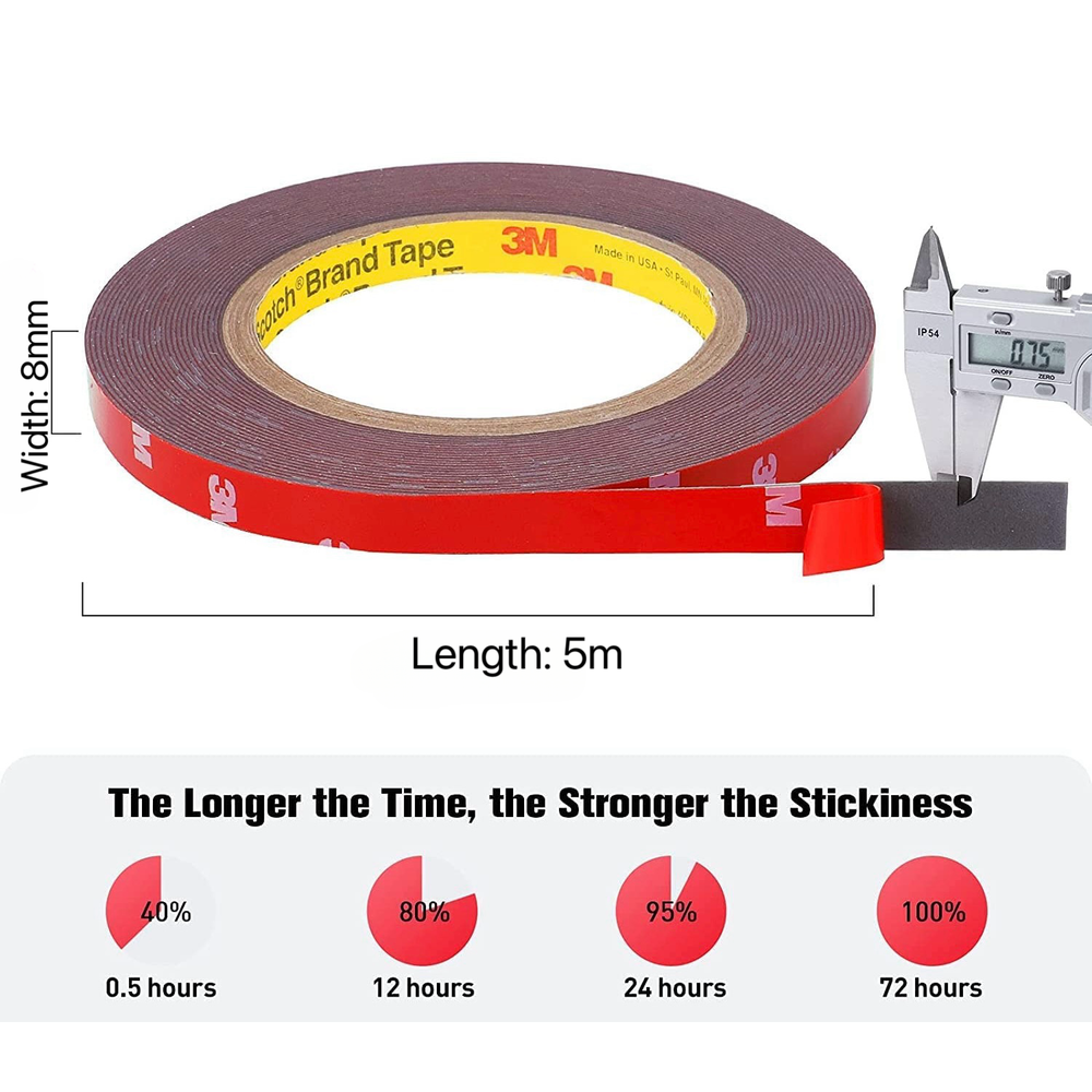 3M dobbeltsidet tape 8mm til aluprofiler, 5 meter rulle - Selvklæbende tape til fastgørelse af genstande på aluprofiler
