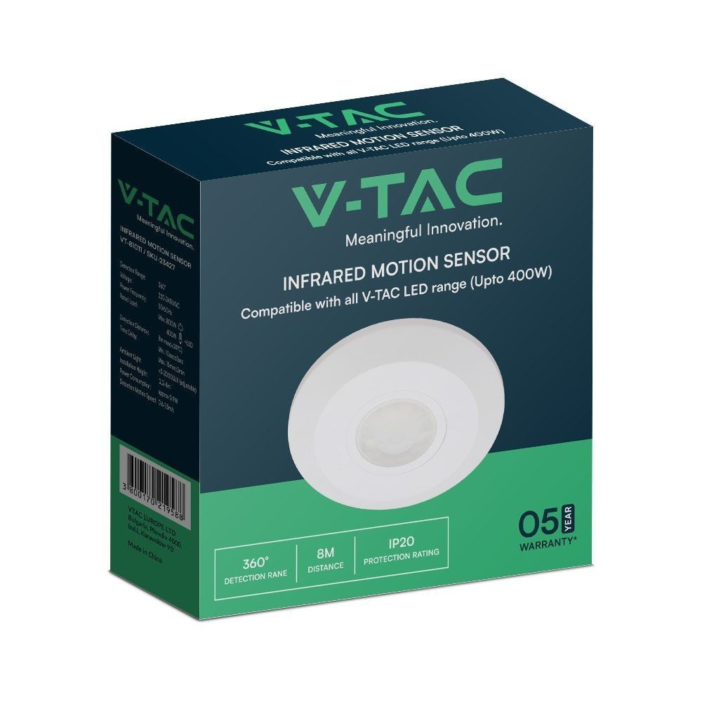 V-Tac LED bevægelsessensor til påbygning, hvid, PIR infrarød, IP20, indendørs, 5 års producentgaranti