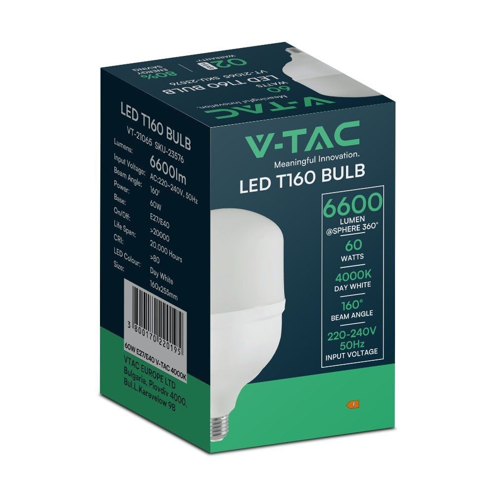 V-Tac 60W LED pære - T160, E27 med E40 ringadapter - 6600lm, RA80, 230V