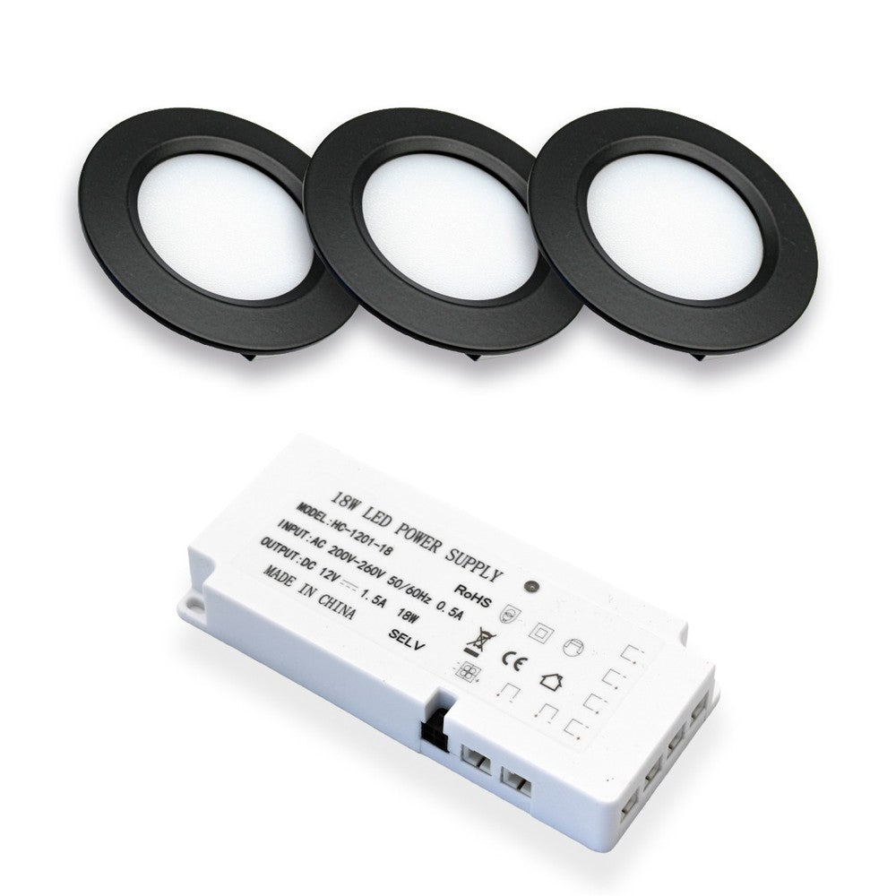 LEDlife Reco68 møbelspot - Sort, inkl. strømforsyning (3 stk.), 2,5W, 12V, 180lm, RA80