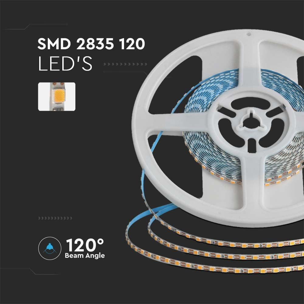 V-Tac 8W/m LED strip - 5m, 3mm bred, IP20, 24V, 120 LED pr. meter - 800lm/m, RA80