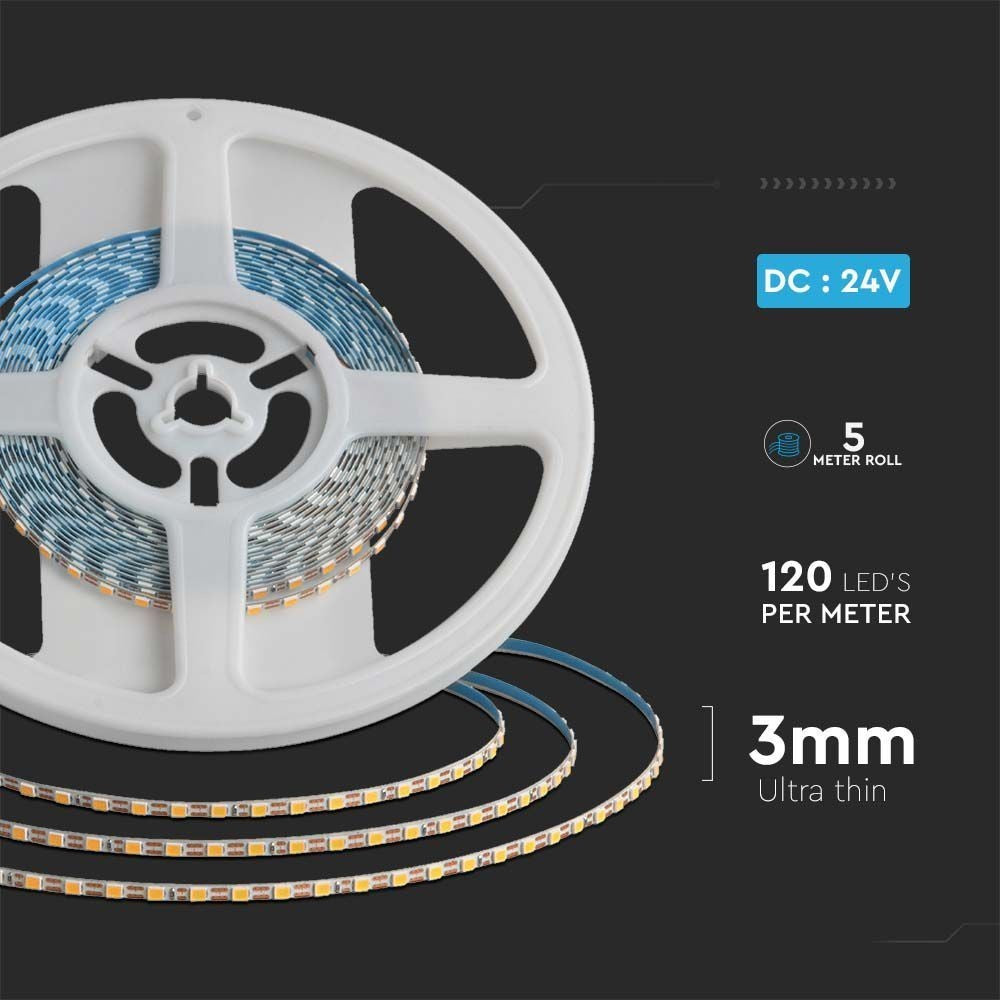 V-Tac 8W/m LED strip - 5m, 3mm bred, IP20, 24V, 120 LED pr. meter - 800lm/m, RA80