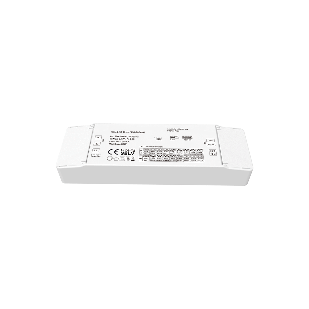 30W Triac dæmpbar LED panel driver - 9-45V, 150-900mA, Triac + Push dim, flicker fri, 230V input