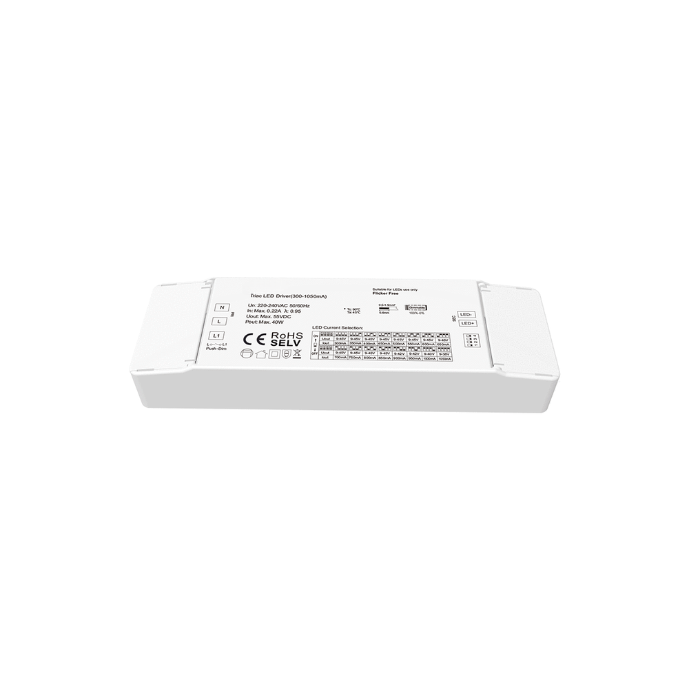 40W Triac dæmpbar LED panel driver - 9-45V, 300-1050mA, Triac + Push dim, flicker fri
