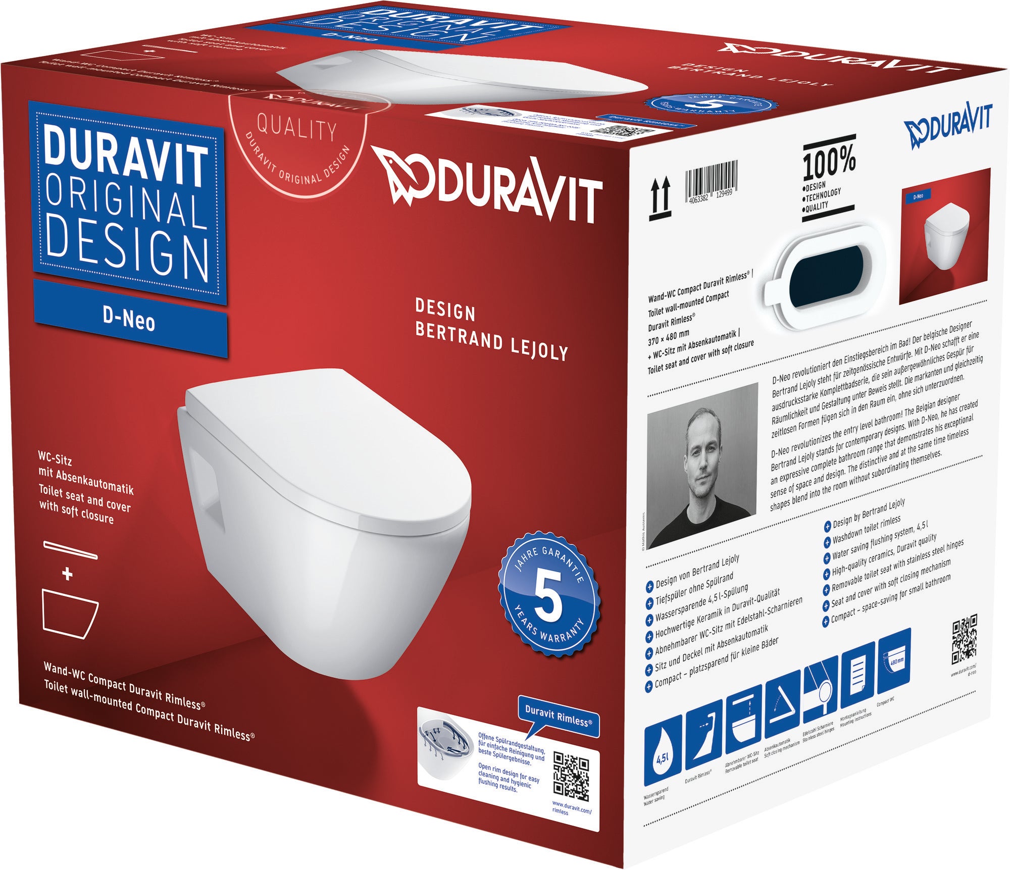 DURAVIT D-NEO RIMLESS SKÅL & SÆDE SAMPAK COMPACT 480 MM