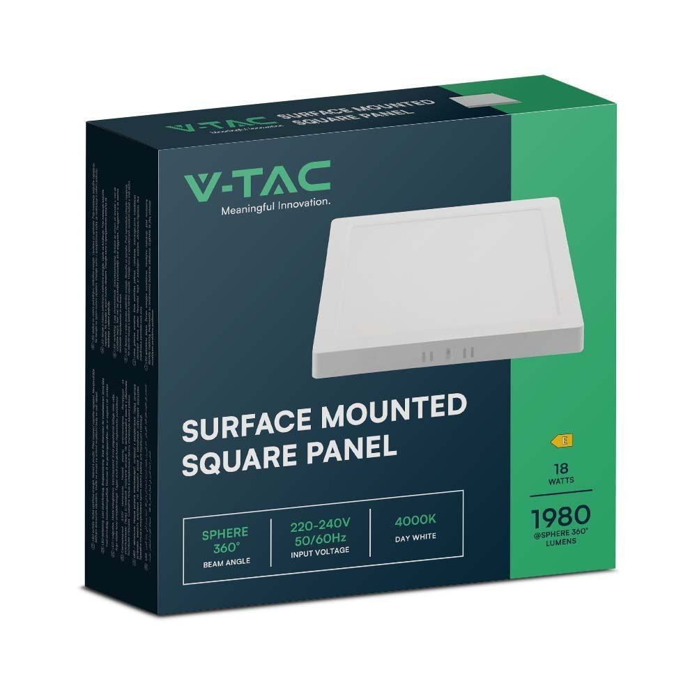 V-Tac 18W LED loftslampe med hvid kant og inkl. lyskilde - 21,4 x 21,4cm, H: 3,1cm, 230V input, 1980lm, RA80