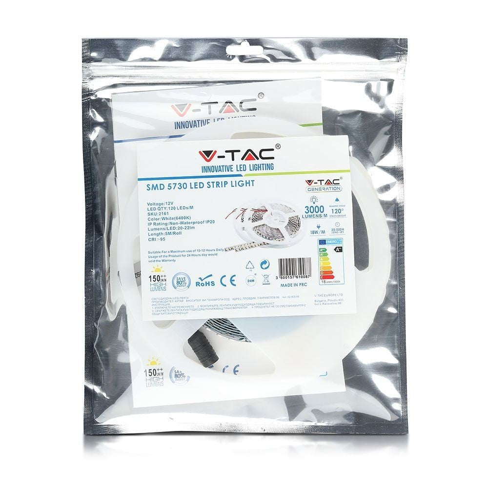 V-Tac 5m LED Strip - 20W/m, Høj Lumens, RA 95, IP20, 120 LED/m