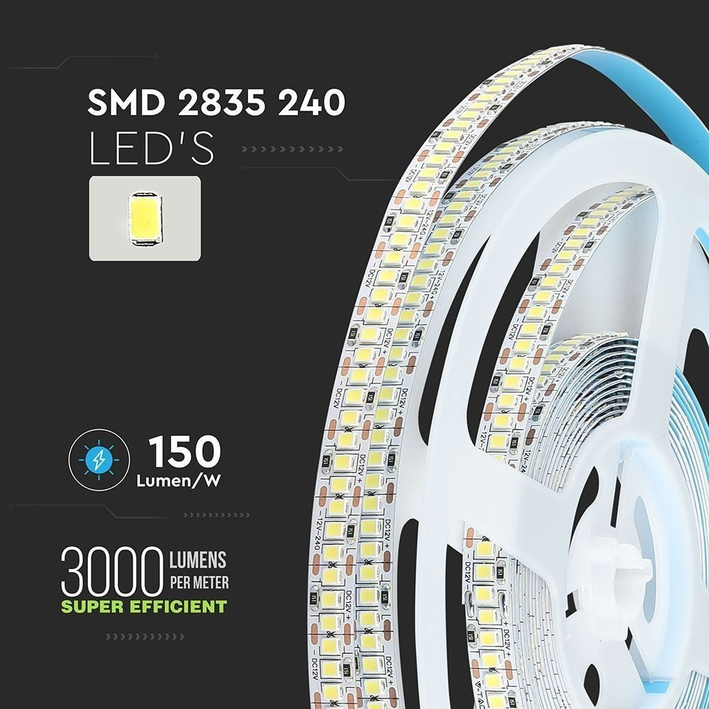 V-Tac 18W/m LED strip - høj lumens - 5m, IP20, 240LED, 12V, 3000lm, RA80