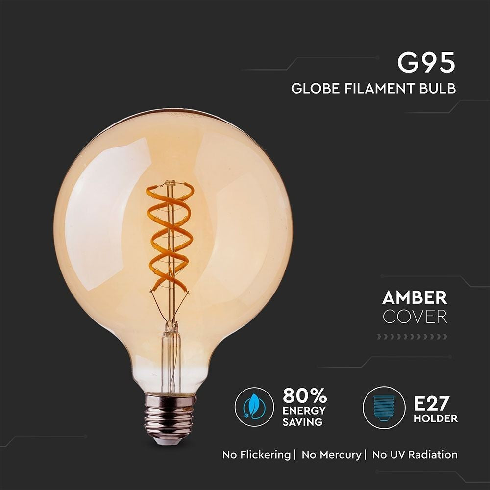 V-Tac 5W LED globepære - Kultråd, Ø9,5 cm, ekstra varm hvid, E27, erstatter 30W, 300lm, RA80