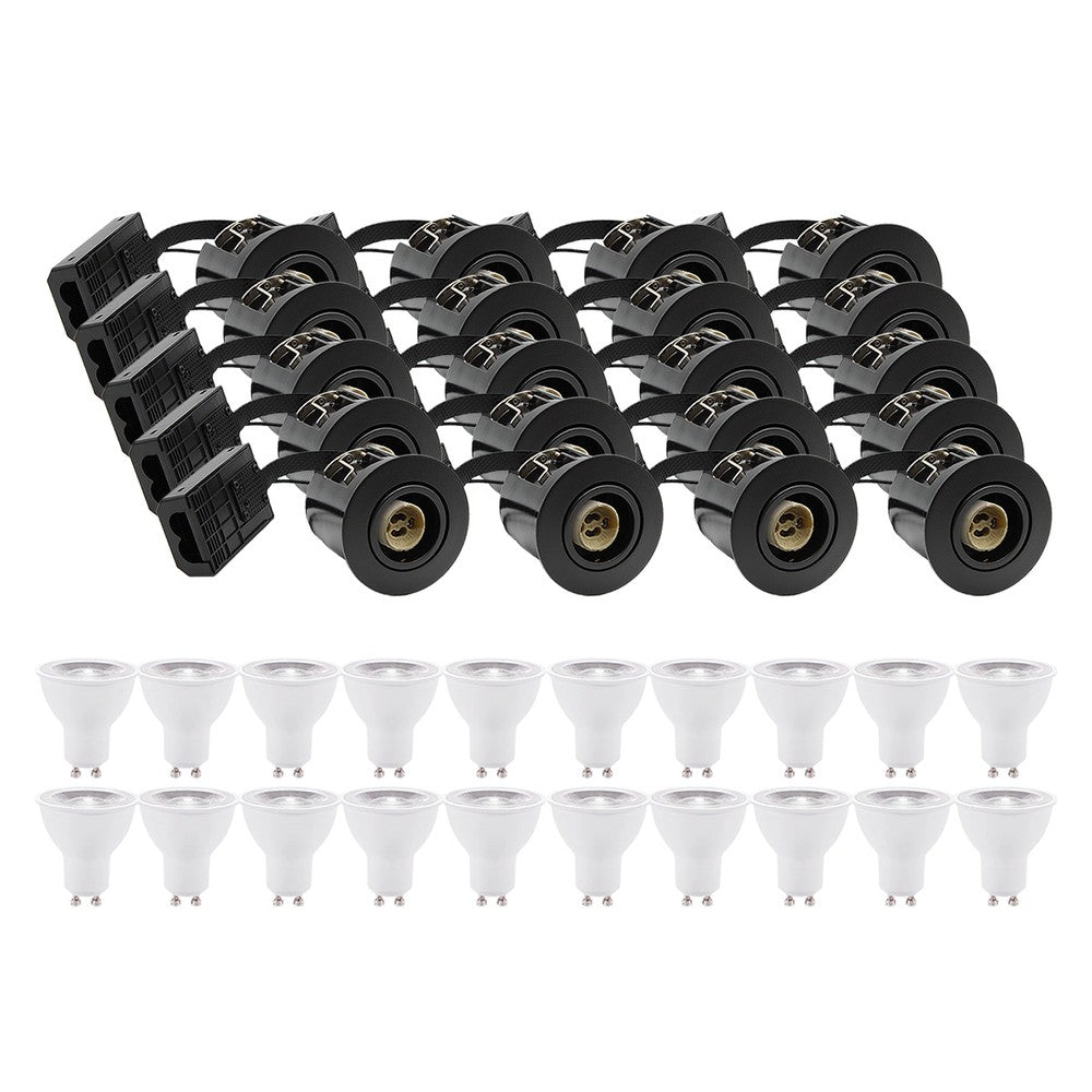 20 stk. sort Inno88 indbygningspotter med 6W RA97 GU10 pærer og IP44 godkendelse til isolering, 230V input