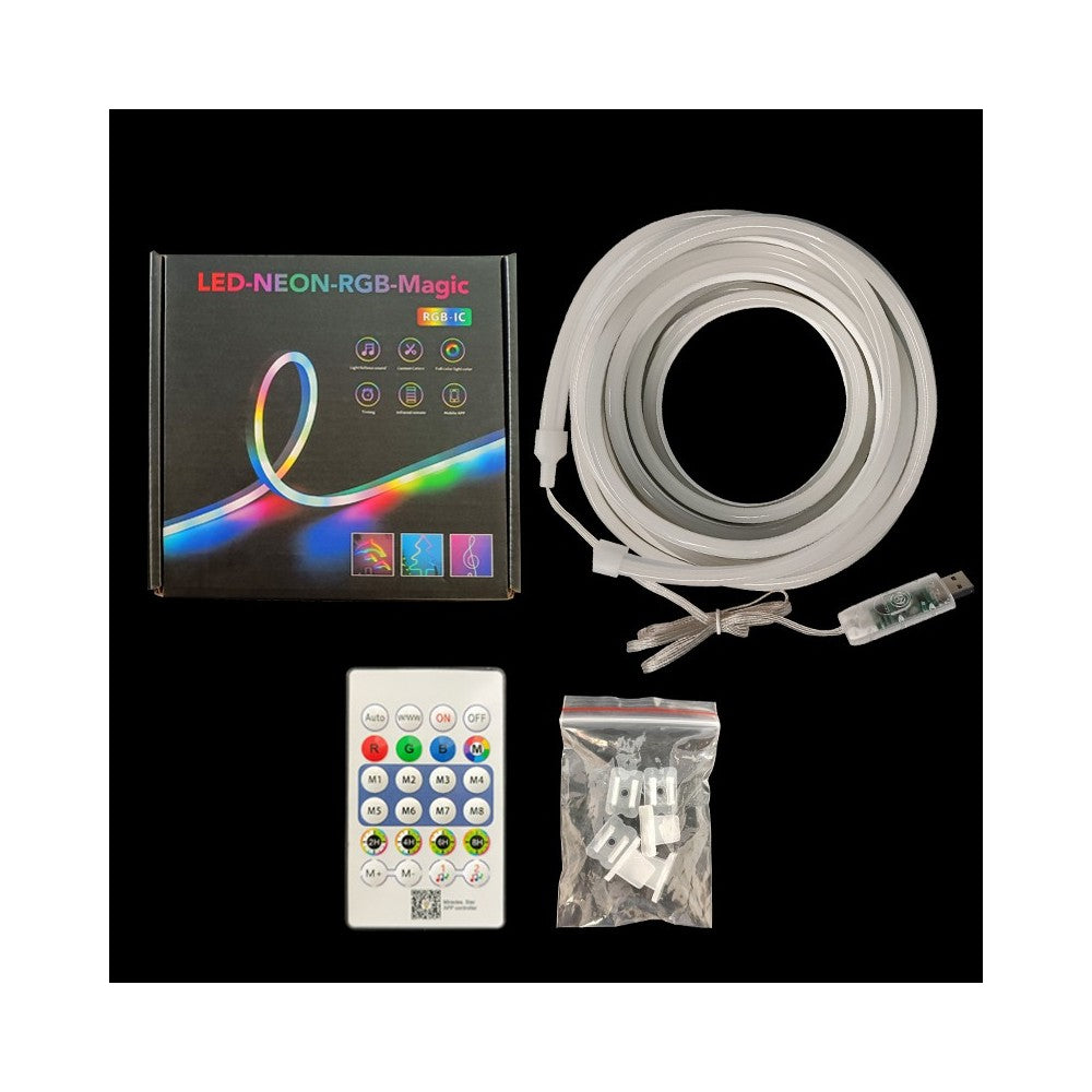 5m RGBIC Neon Flex komplet sæt - 8x16 neonflex, Bluetooth app, fjernbetjening, USB - 3W - 5V input