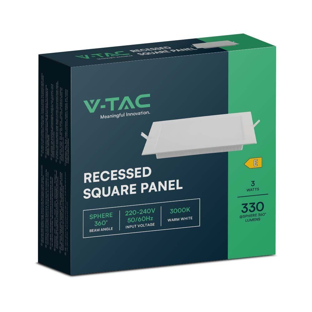 V-Tac 3W LED Indbygningspanel - Hul: 8cm x 8cm, Mål: 9cm x 9cm, 230V, 330lm, RA80