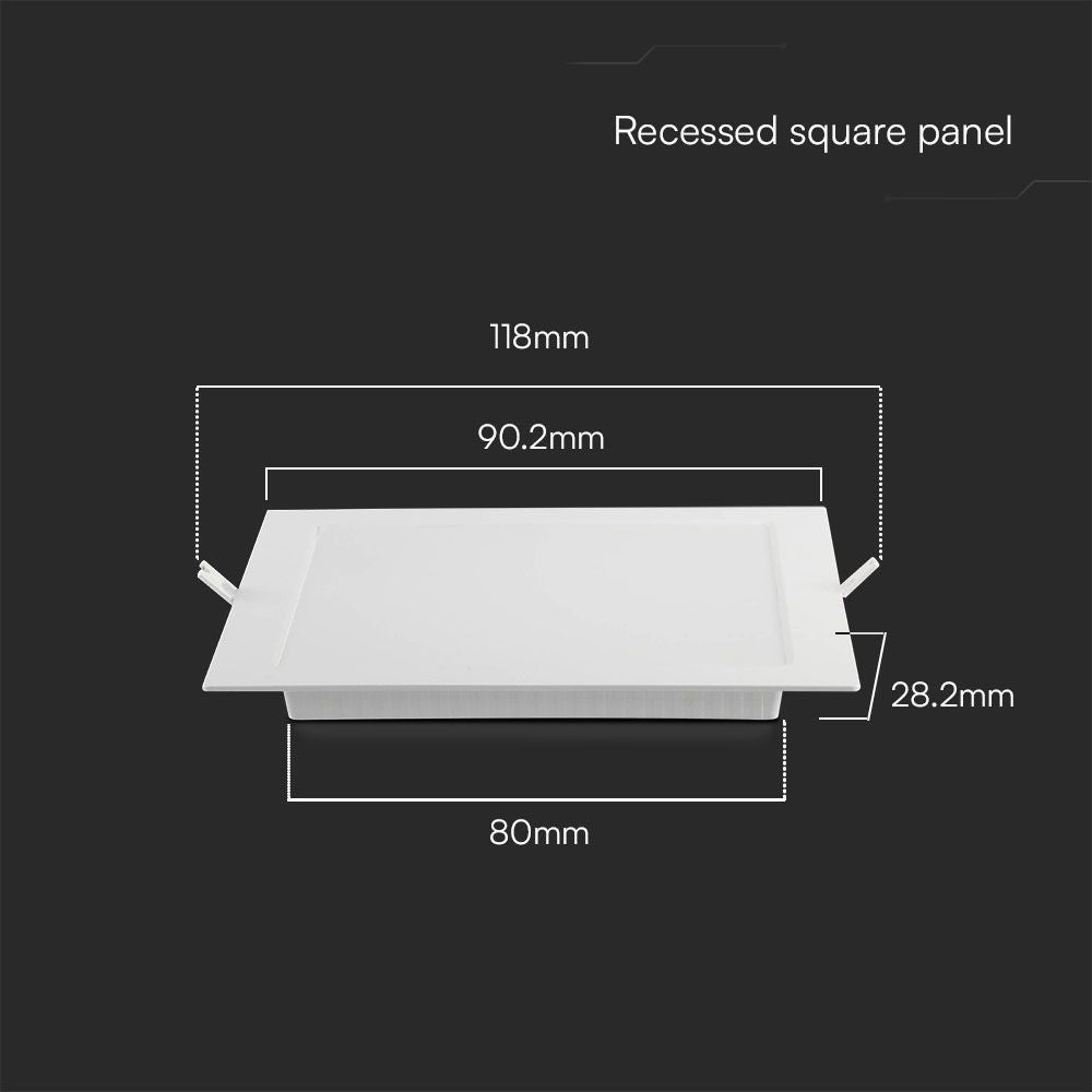 V-Tac 3W LED Indbygningspanel - Hul: 8cm x 8cm, Mål: 9cm x 9cm, 230V, 330lm, RA80