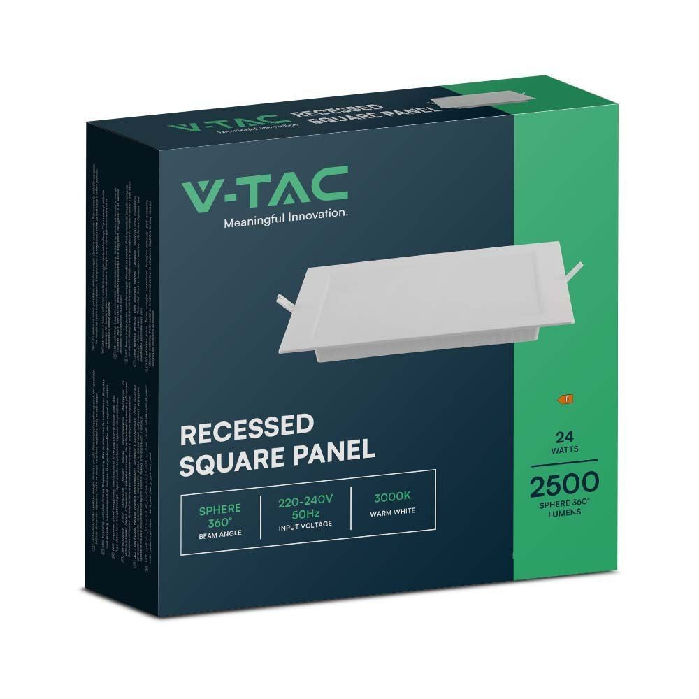 V-Tac 24W LED indbygningspanel - Hul: 28cm x 28cm, Mål: 29,5cm x 29,5cm, 230V, 2500lm, RA80