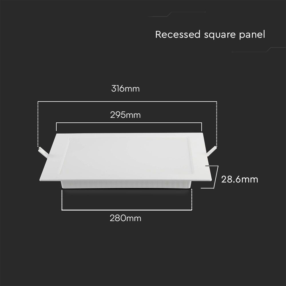 V-Tac 24W LED indbygningspanel - Hul: 28cm x 28cm, Mål: 29,5cm x 29,5cm, 230V, 2500lm, RA80