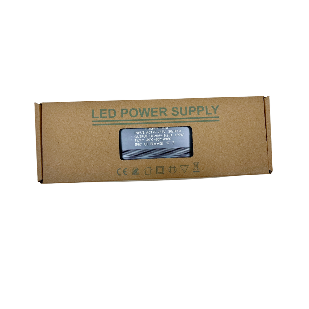 24V DC strømforsyning med 150W effekt, 6,25A, flicker free og IP67-klassificeret