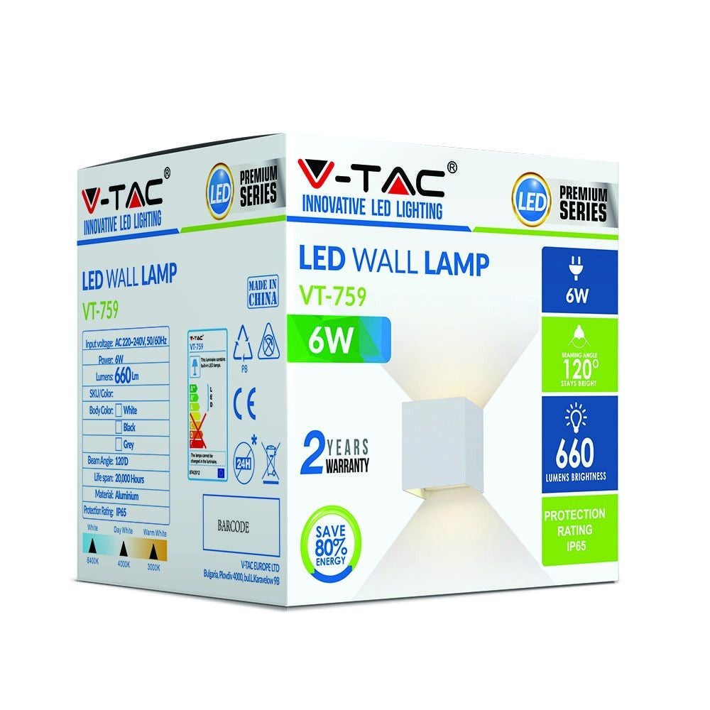 V-Tac 5W LED hvid væglampe - Firkantet, justerbar spredning, IP65 udendørs, 230V, inkl. lyskilde