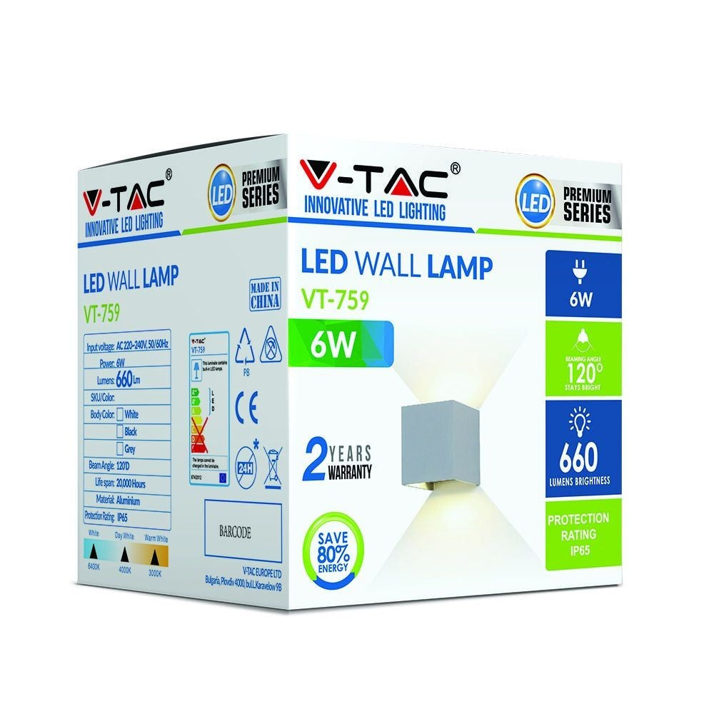 V-Tac 5W LED Grå Væglampe - Firkantet, Justerbar Spredning, IP65 Udendørs, Inkl. Lyskilde