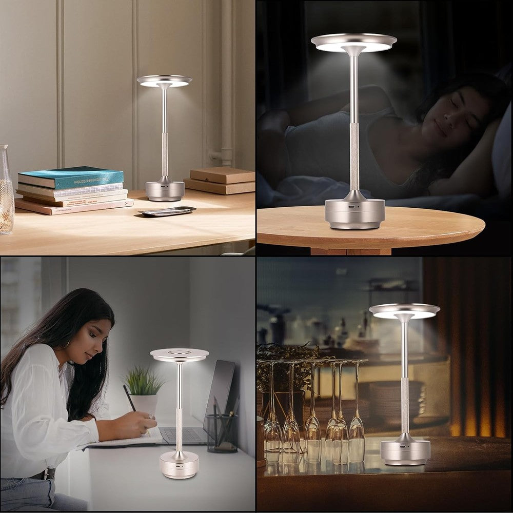 Opladelig LED bordlampe til indendørs/udendørs brug i sølv med touch-dæmpning, CCT og IP54-beskyttelse