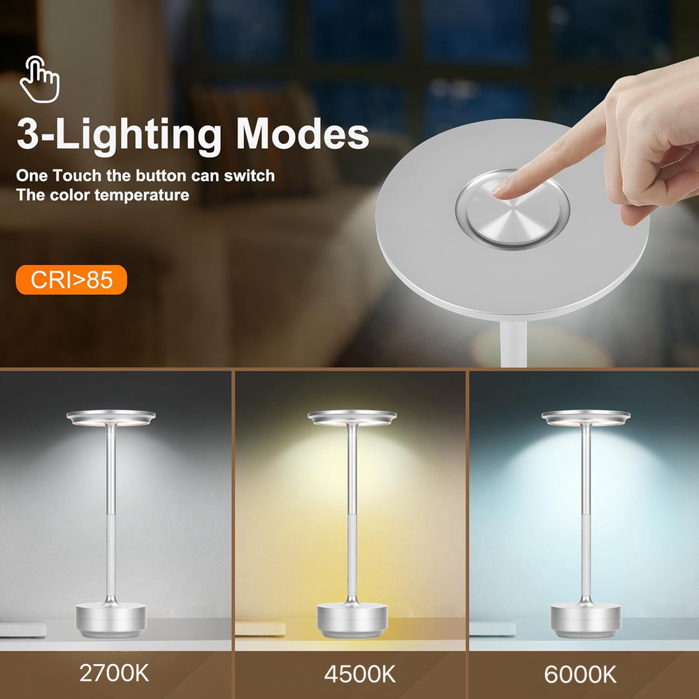 Opladelig LED bordlampe til indendørs/udendørs brug i sølv med touch-dæmpning, CCT og IP54-beskyttelse