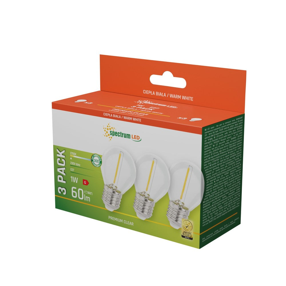 LED Kugle pære E27 1W - 230V, Varm Hvid, Klar, Spectrum, 3-pak