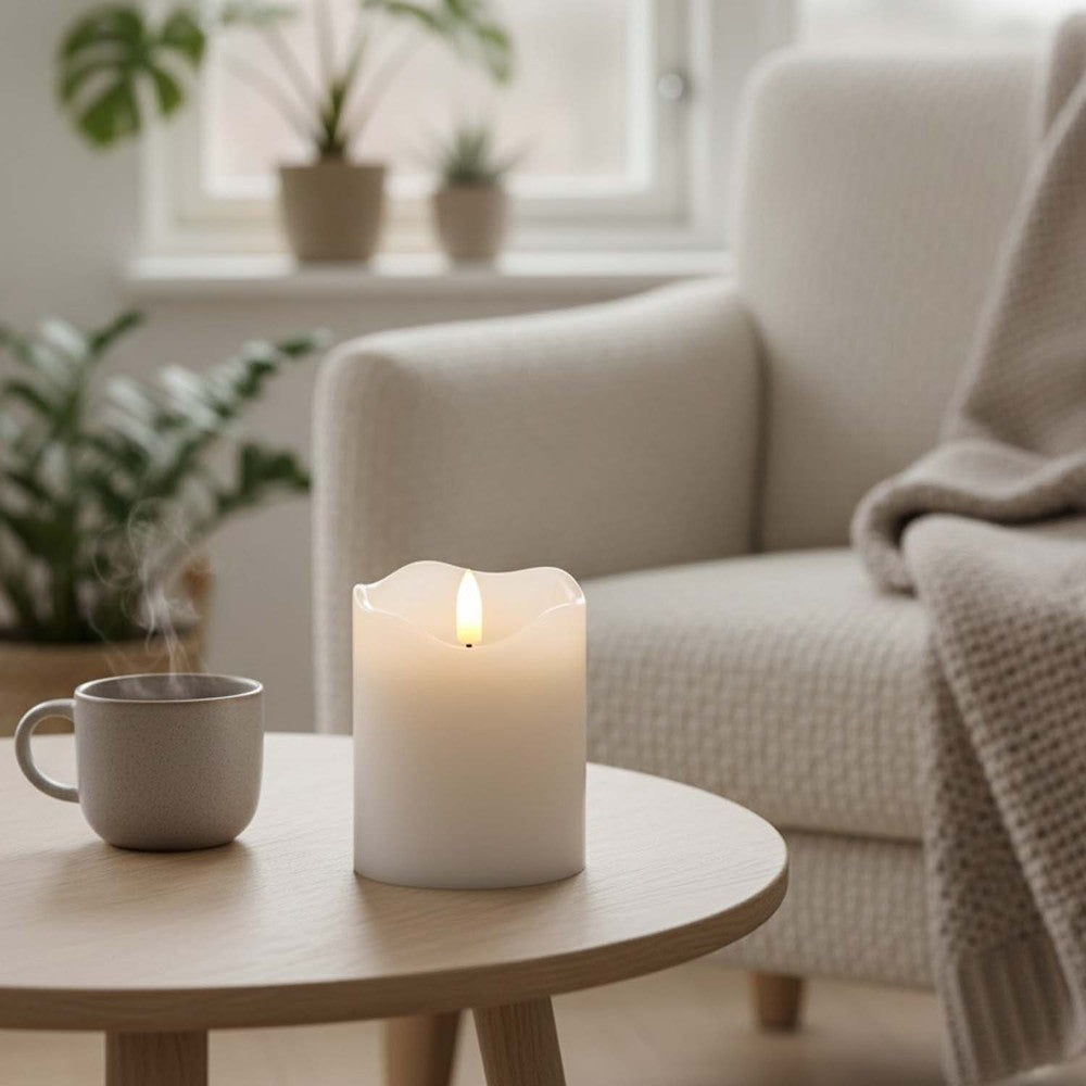 LED Bloklys med flammeeffekt og fjernbetjening, hvid, 10cm høj, Ø7,5cm, ægte stearin