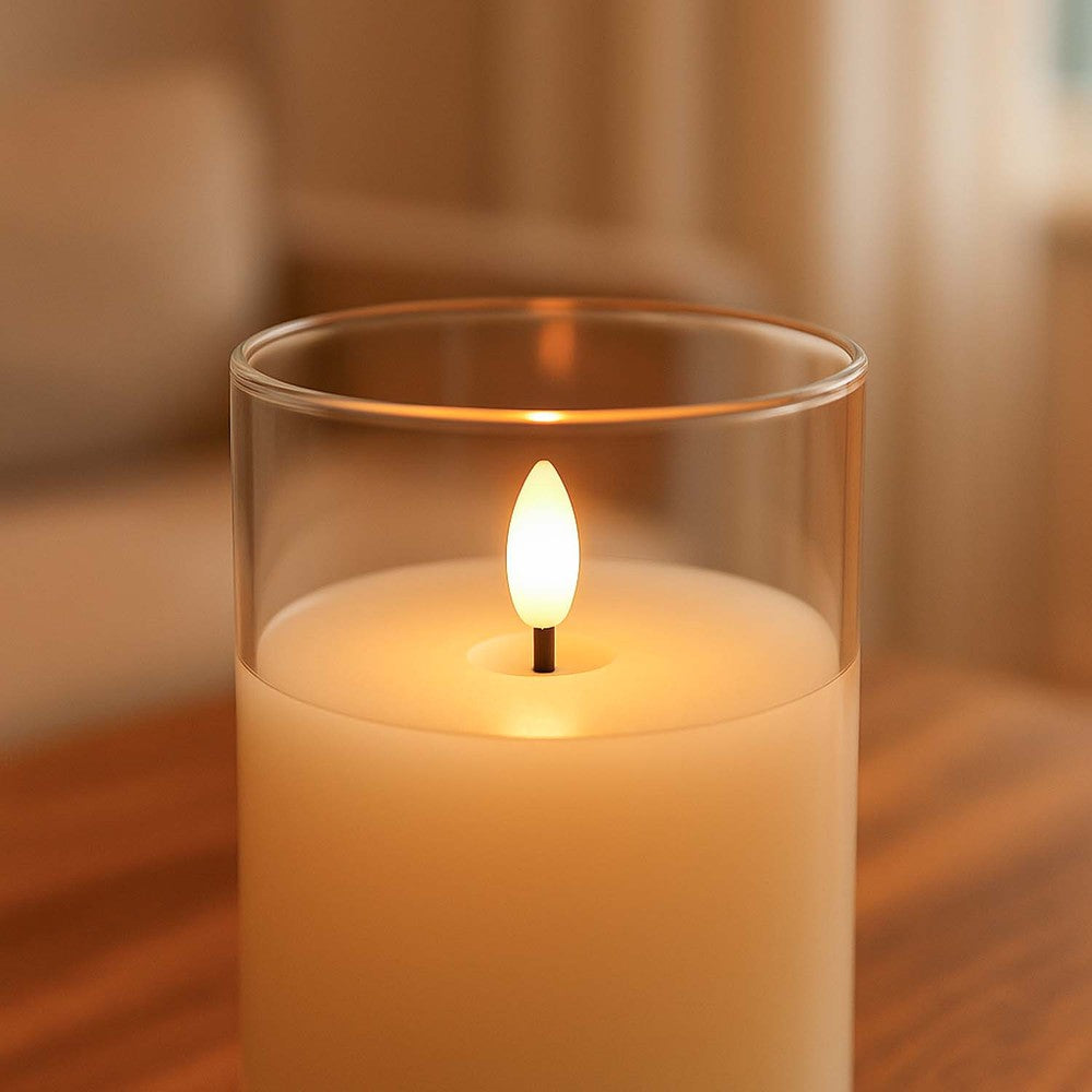 LED Bloklys sæt i glas med flammeeffekt, 3 stk - Inkl. fjernbetjening og timer, højde 10/12,5/15cm, ægte stearin