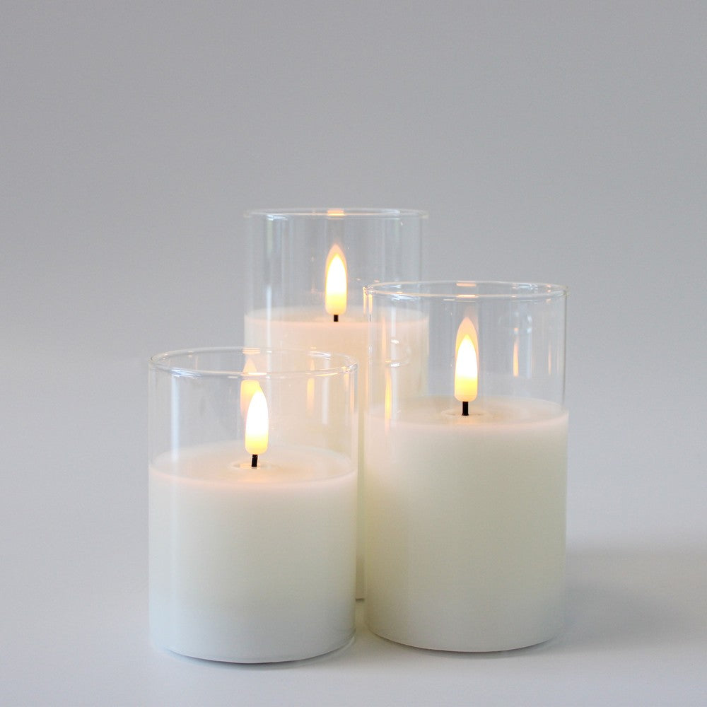 LED Bloklys sæt i glas med flammeeffekt, 3 stk - Inkl. fjernbetjening og timer, højde 10/12,5/15cm, ægte stearin