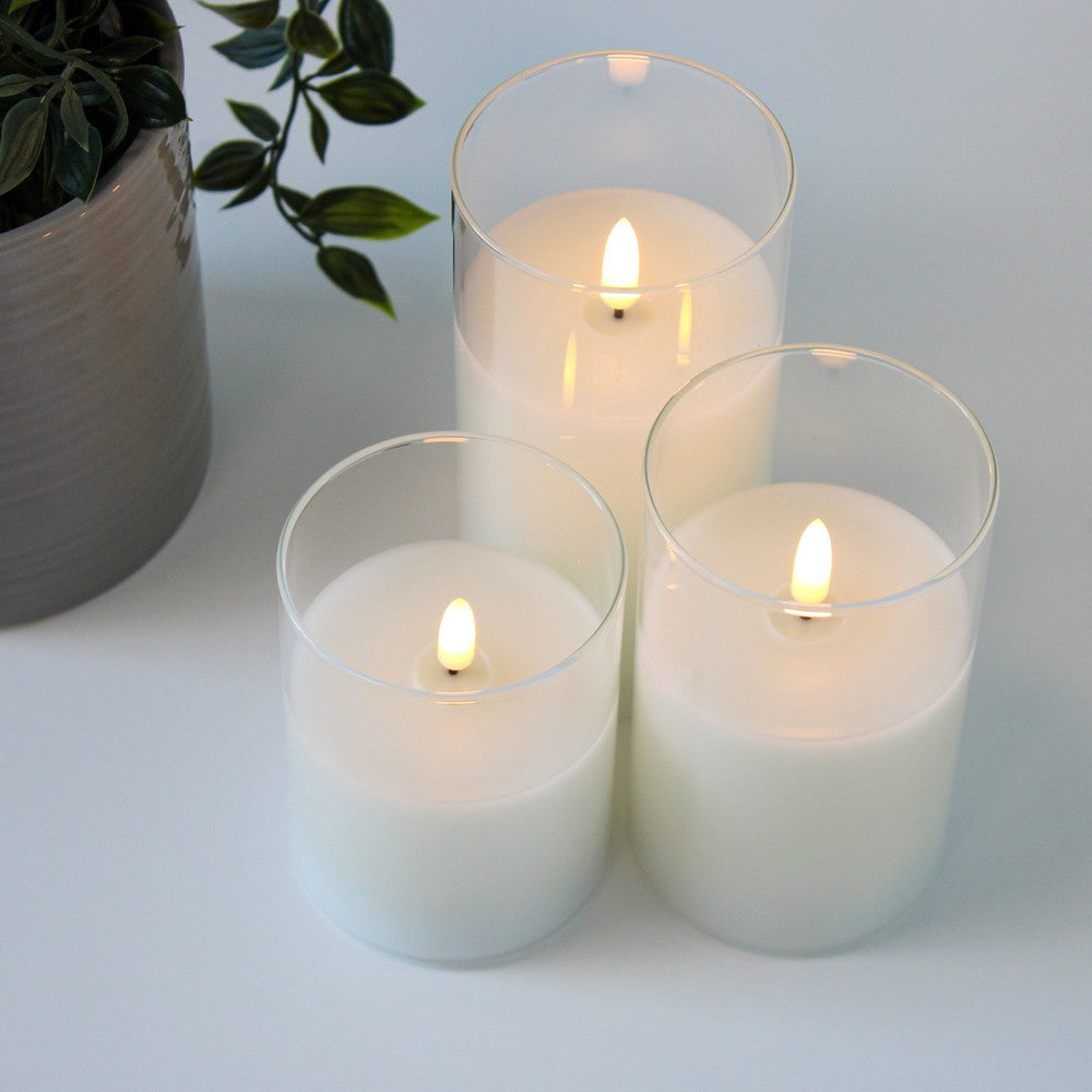 LED Bloklys sæt i glas med flammeeffekt, 3 stk - Inkl. fjernbetjening og timer, højde 10/12,5/15cm, ægte stearin