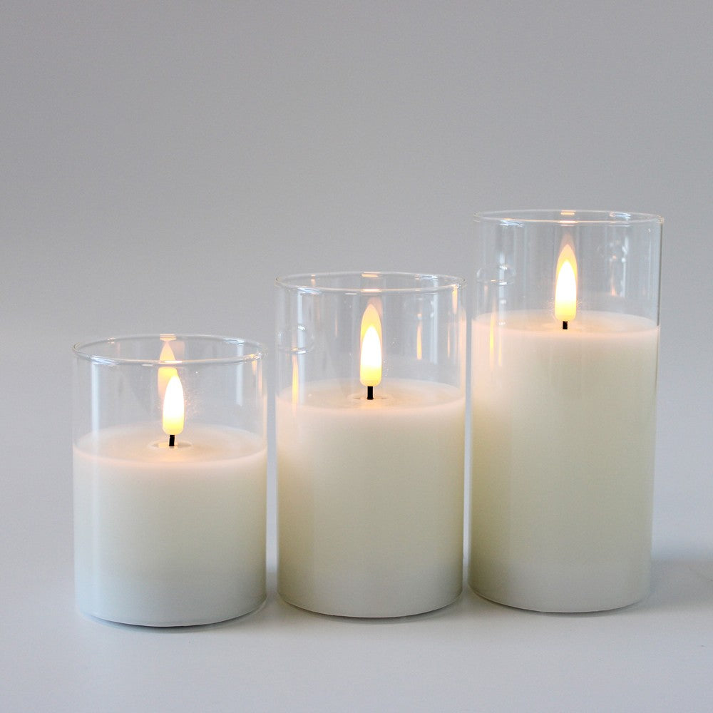 LED Bloklys sæt i glas med flammeeffekt, 3 stk - Inkl. fjernbetjening og timer, højde 10/12,5/15cm, ægte stearin