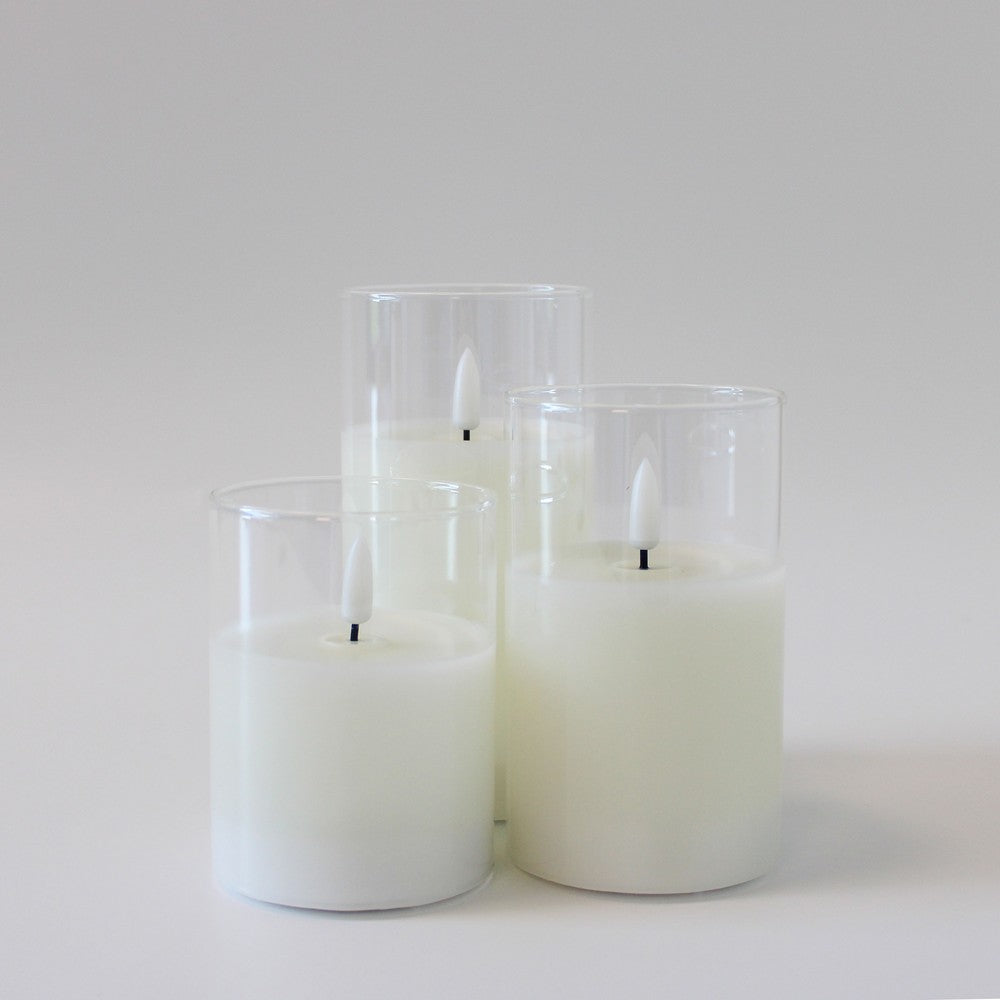 LED Bloklys sæt i glas med flammeeffekt, 3 stk - Inkl. fjernbetjening og timer, højde 10/12,5/15cm, ægte stearin
