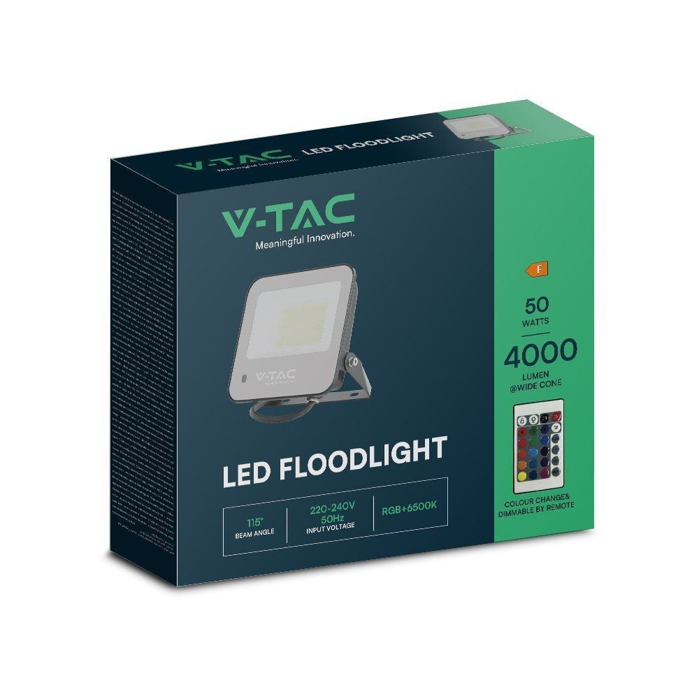 V-Tac LED projektør 50W RGB med fjernbetjening - Effekt: 50W - Input: 230V - 4000lm - IP65 - Vandtæt og farveskiftende belysning