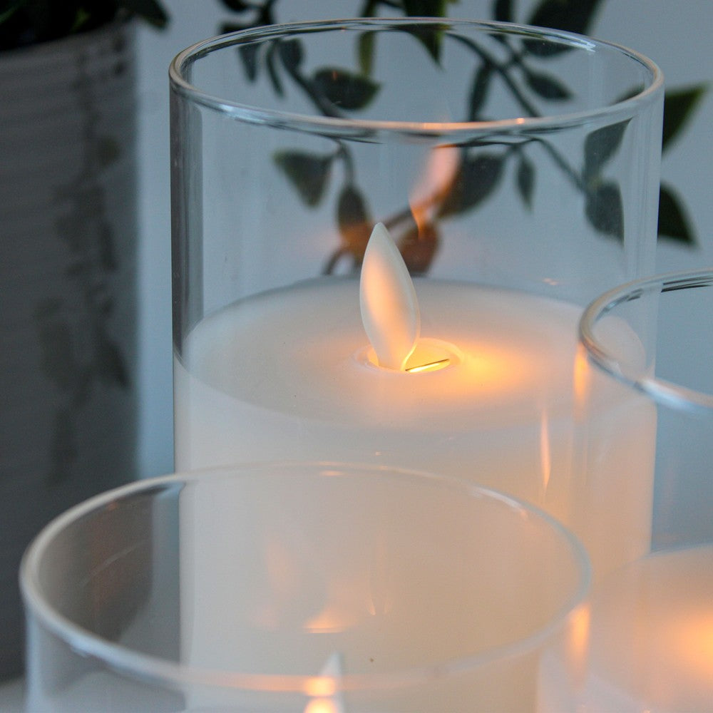 LED Bloklys sæt i glas med vippende flamme, 3 stk - Timer og fjernbetjening inkluderet - Ægte stearin - 10/12,5/15cm