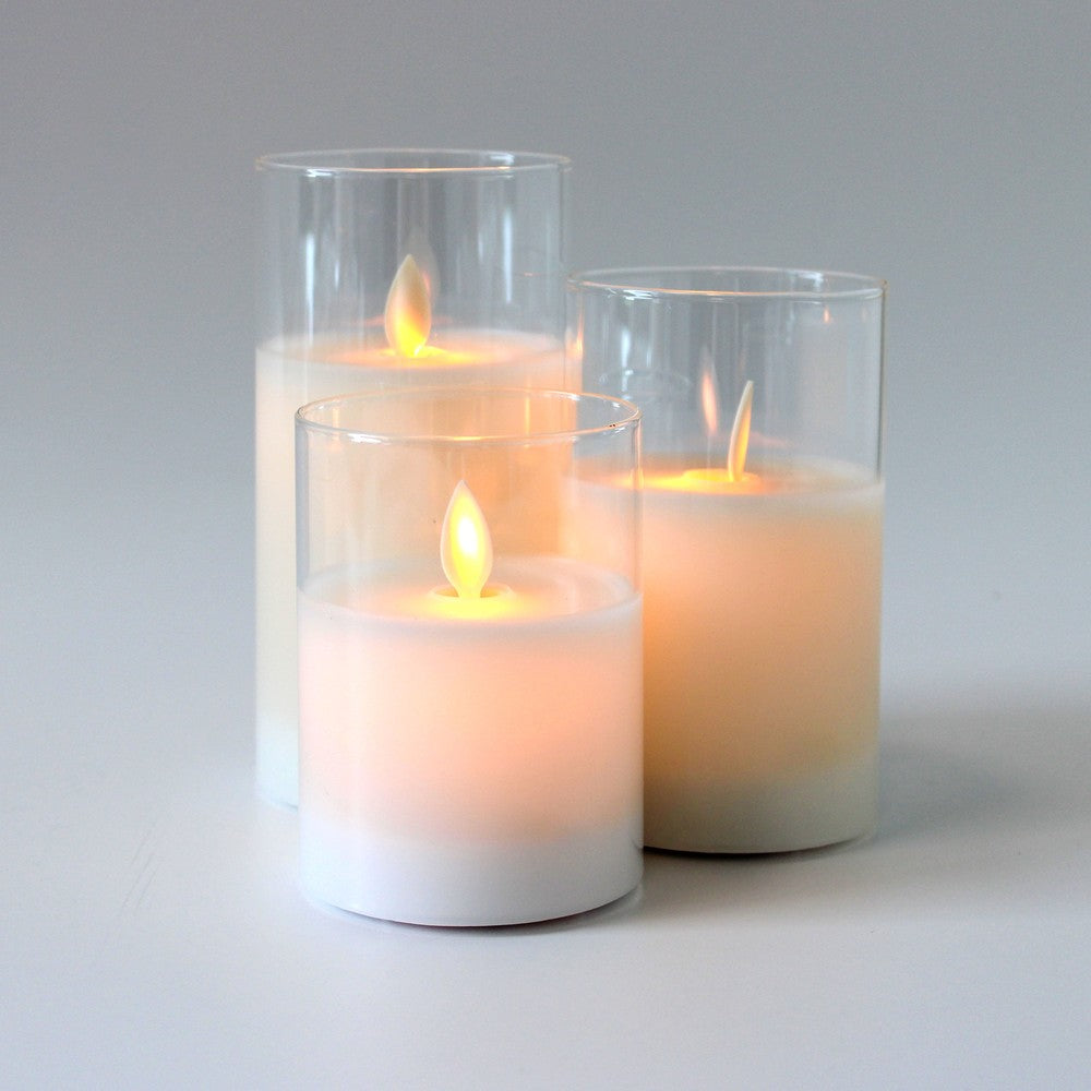 LED Bloklys sæt i glas med vippende flamme, 3 stk - Timer og fjernbetjening inkluderet - Ægte stearin - 10/12,5/15cm