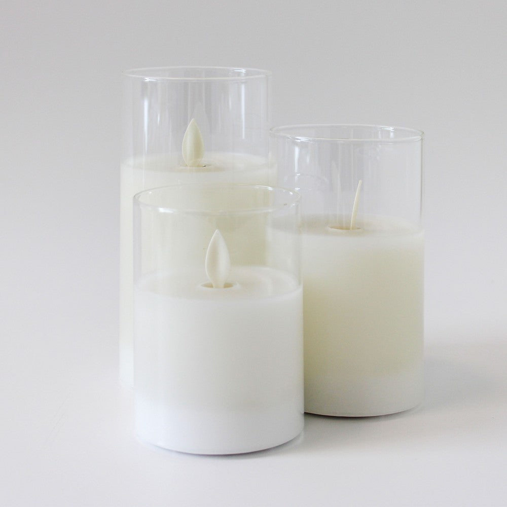 LED Bloklys sæt i glas med vippende flamme, 3 stk - Timer og fjernbetjening inkluderet - Ægte stearin - 10/12,5/15cm