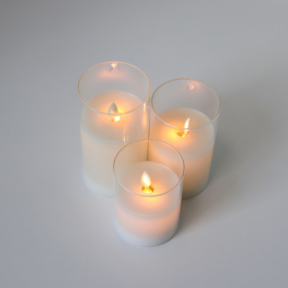 LED Bloklys sæt i glas med vippende flamme, 3 stk - Timer og fjernbetjening inkluderet - Ægte stearin - 10/12,5/15cm